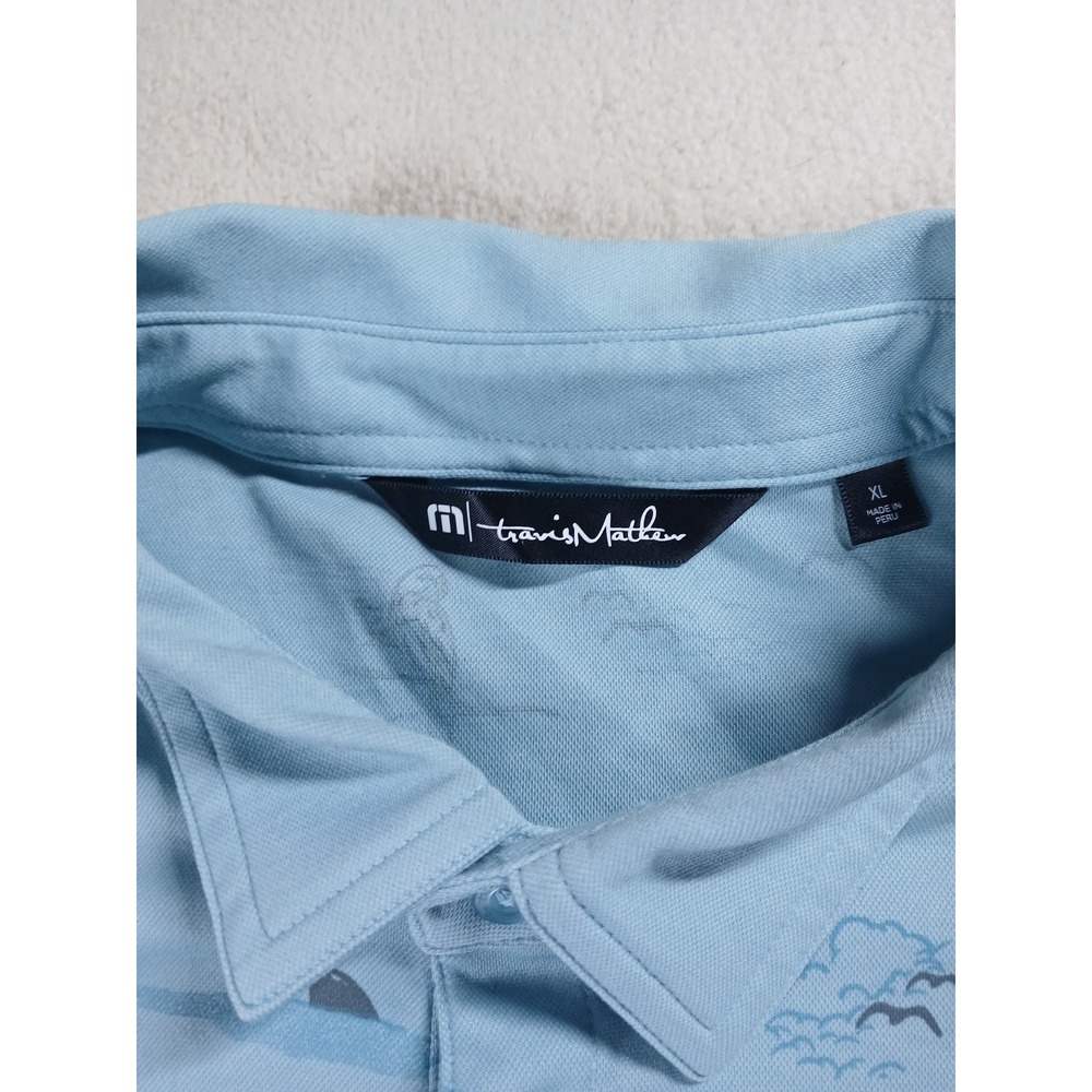 TravisMathew Mens XL Blue Tropical Parrot Pelican Shark Print Golf Polo Shirt - Picture 2 of 5